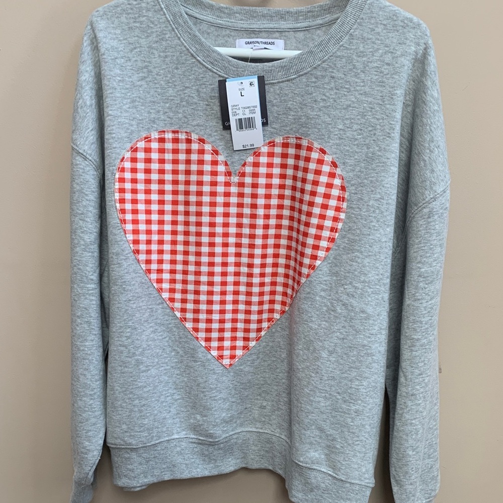 NEW WITH TAGS…Gray Sweatshirt with Red Checkered Heart Patch